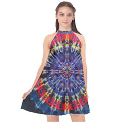 Circle Purple Green Tie Dye Kaleidoscope Opaque Color Halter Neckline Chiffon Dress 