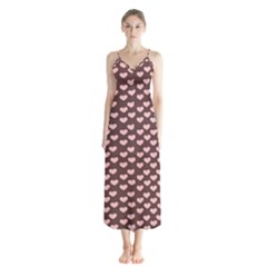 Chocolate Pink Hearts Gift Wrap Button Up Chiffon Maxi Dress