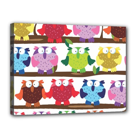 Funny Owls Sitting On A Branch Pattern Postcard Rainbow Canvas 16  x 12 