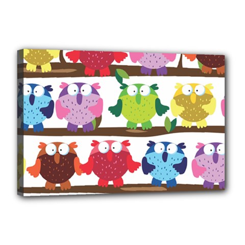 Funny Owls Sitting On A Branch Pattern Postcard Rainbow Canvas 18  x 12 