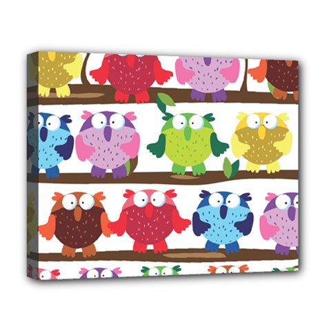 Funny Owls Sitting On A Branch Pattern Postcard Rainbow Deluxe Canvas 20  x 16  