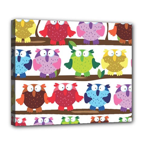 Funny Owls Sitting On A Branch Pattern Postcard Rainbow Deluxe Canvas 24  x 20  