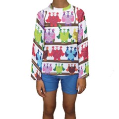 Funny Owls Sitting On A Branch Pattern Postcard Rainbow Kids  Long Sleeve Swimwear