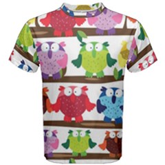 Funny Owls Sitting On A Branch Pattern Postcard Rainbow Men s Cotton Tee by Mariart