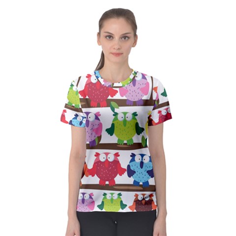 Funny Owls Sitting On A Branch Pattern Postcard Rainbow Women s Sport Mesh Tee by Mariart