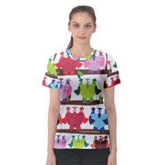 Funny Owls Sitting On A Branch Pattern Postcard Rainbow Women s Sport Mesh Tee