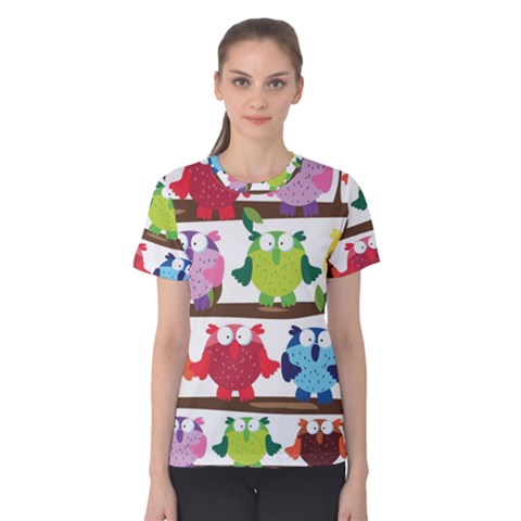 Funny Owls Sitting On A Branch Pattern Postcard Rainbow Women s Cotton Tee by Mariart