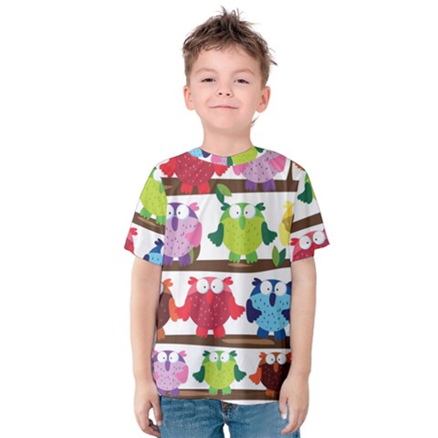 Funny Owls Sitting On A Branch Pattern Postcard Rainbow Kids  Cotton Tee by Mariart