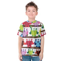 Funny Owls Sitting On A Branch Pattern Postcard Rainbow Kids  Cotton Tee