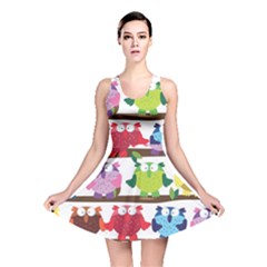 Funny Owls Sitting On A Branch Pattern Postcard Rainbow Reversible Skater Dress