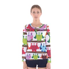 Funny Owls Sitting On A Branch Pattern Postcard Rainbow Women s Long Sleeve Tee