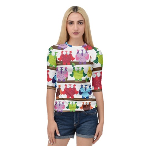 Funny Owls Sitting On A Branch Pattern Postcard Rainbow Quarter Sleeve Tee by Mariart