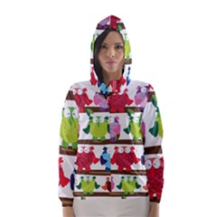 Funny Owls Sitting On A Branch Pattern Postcard Rainbow Hooded Wind Breaker (Women)