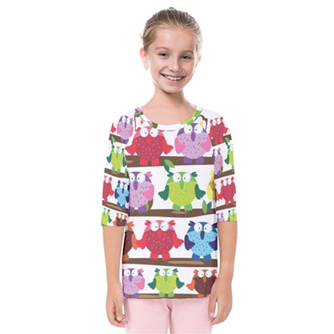 Funny Owls Sitting On A Branch Pattern Postcard Rainbow Kids  Quarter Sleeve Raglan Tee by Mariart