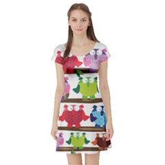 Funny Owls Sitting On A Branch Pattern Postcard Rainbow Short Sleeve Skater Dress