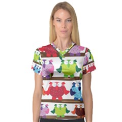 Funny Owls Sitting On A Branch Pattern Postcard Rainbow Women s V-Neck Sport Mesh Tee