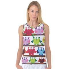 Funny Owls Sitting On A Branch Pattern Postcard Rainbow Women s Basketball Tank Top