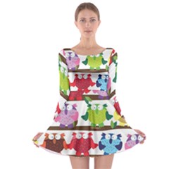 Funny Owls Sitting On A Branch Pattern Postcard Rainbow Long Sleeve Skater Dress