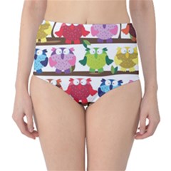 Funny Owls Sitting On A Branch Pattern Postcard Rainbow High-Waist Bikini Bottoms