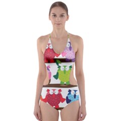 Funny Owls Sitting On A Branch Pattern Postcard Rainbow Cut-out One Piece Swimsuit by Mariart