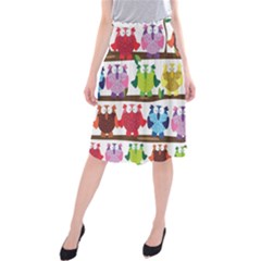 Funny Owls Sitting On A Branch Pattern Postcard Rainbow Midi Beach Skirt by Mariart