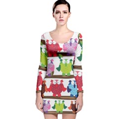 Funny Owls Sitting On A Branch Pattern Postcard Rainbow Long Sleeve Velvet Bodycon Dress