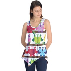 Funny Owls Sitting On A Branch Pattern Postcard Rainbow Sleeveless Tunic