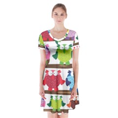 Funny Owls Sitting On A Branch Pattern Postcard Rainbow Short Sleeve V-neck Flare Dress