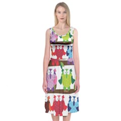 Funny Owls Sitting On A Branch Pattern Postcard Rainbow Midi Sleeveless Dress