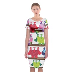 Funny Owls Sitting On A Branch Pattern Postcard Rainbow Classic Short Sleeve Midi Dress