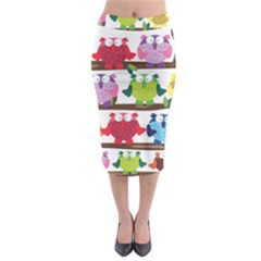 Funny Owls Sitting On A Branch Pattern Postcard Rainbow Midi Pencil Skirt by Mariart