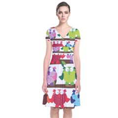 Funny Owls Sitting On A Branch Pattern Postcard Rainbow Short Sleeve Front Wrap Dress