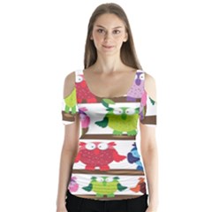 Funny Owls Sitting On A Branch Pattern Postcard Rainbow Butterfly Sleeve Cutout Tee 