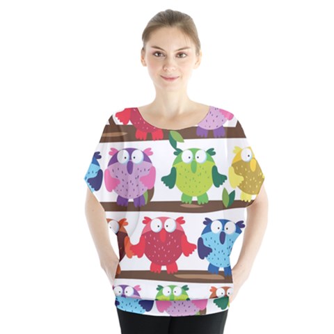 Funny Owls Sitting On A Branch Pattern Postcard Rainbow Blouse by Mariart