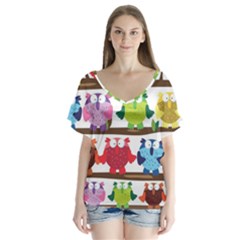 Funny Owls Sitting On A Branch Pattern Postcard Rainbow Flutter Sleeve Top