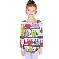 Funny Owls Sitting On A Branch Pattern Postcard Rainbow Kids  Long Sleeve Tee