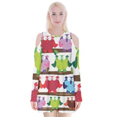 Funny Owls Sitting On A Branch Pattern Postcard Rainbow Velvet Long Sleeve Shoulder Cutout Dress