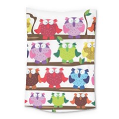 Funny Owls Sitting On A Branch Pattern Postcard Rainbow Small Tapestry