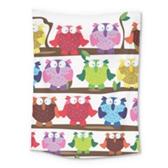 Funny Owls Sitting On A Branch Pattern Postcard Rainbow Medium Tapestry