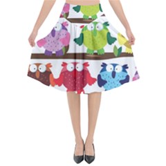 Funny Owls Sitting On A Branch Pattern Postcard Rainbow Flared Midi Skirt by Mariart