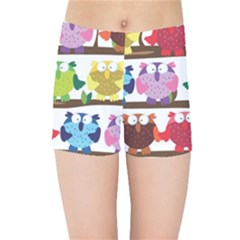 Funny Owls Sitting On A Branch Pattern Postcard Rainbow Kids Sports Shorts by Mariart