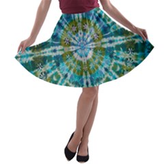 Green Flower Tie Dye Kaleidoscope Opaque Color A-line Skater Skirt by Mariart