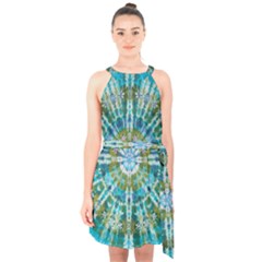 Green Flower Tie Dye Kaleidoscope Opaque Color Halter Collar Waist Tie Chiffon Dress