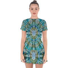 Green Flower Tie Dye Kaleidoscope Opaque Color Drop Hem Mini Chiffon Dress