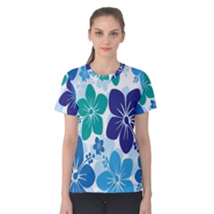 Hibiscus Flowers Green Blue White Hawaiian Women s Cotton Tee