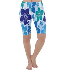 Hibiscus Flowers Green Blue White Hawaiian Cropped Leggings  by Mariart