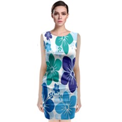 Hibiscus Flowers Green Blue White Hawaiian Sleeveless Velvet Midi Dress