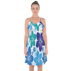 Hibiscus Flowers Green Blue White Hawaiian Ruffle Detail Chiffon Dress