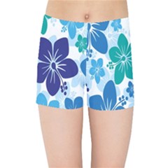 Hibiscus Flowers Green Blue White Hawaiian Kids Sports Shorts