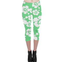 Hibiscus Flowers Green White Hawaiian Capri Leggings 